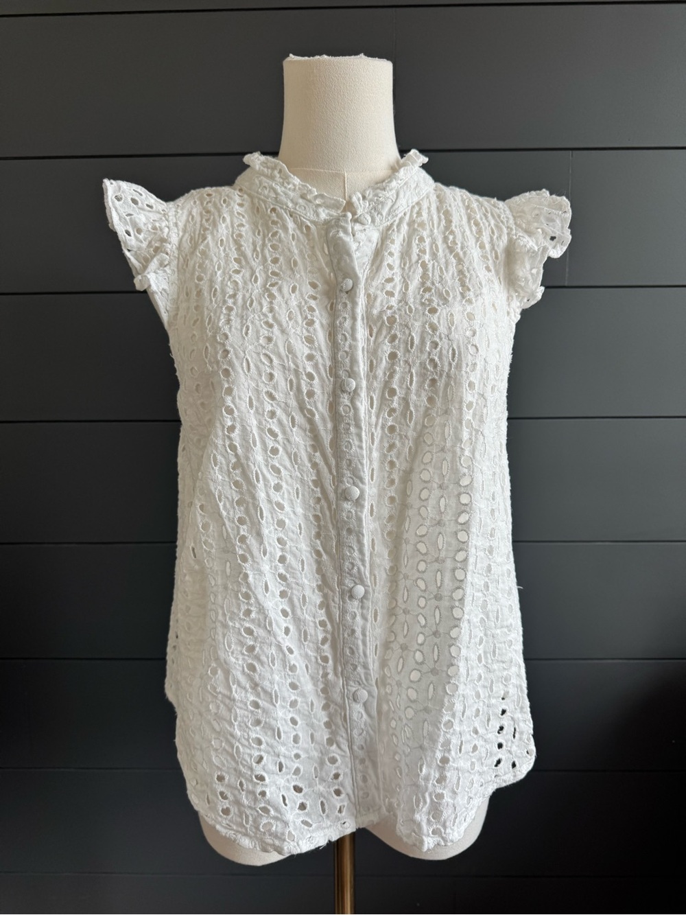 Evereve White Eyelet Button-Up Cap Sleeve Blouse With Removable White Camisole